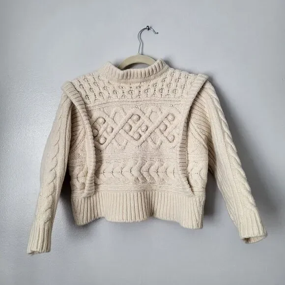 Isabel Marant Milane Cropped Cable Knit Merino Wool Sweater Ivory Sz 34 …
